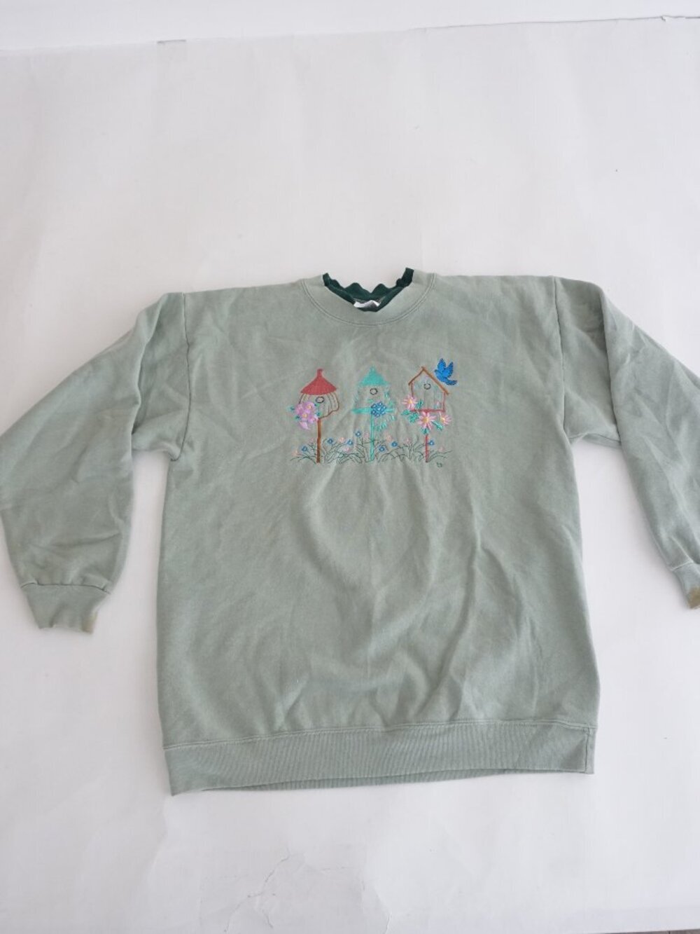 Vintage Wons Wear Sage Birdhouse Floral Songbird Embroidered Garden Sweater XL